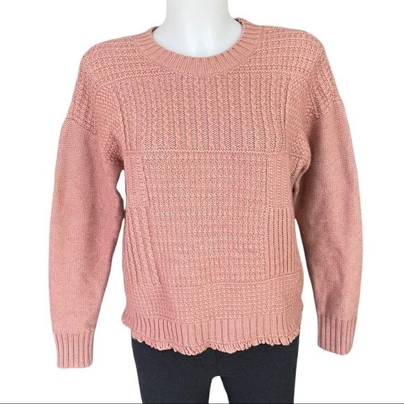 MADEWELL Stitchmix Pullover Sweater Peach‎ Orange CableKnit , Fringed edges sz S - Picture 1 of 9